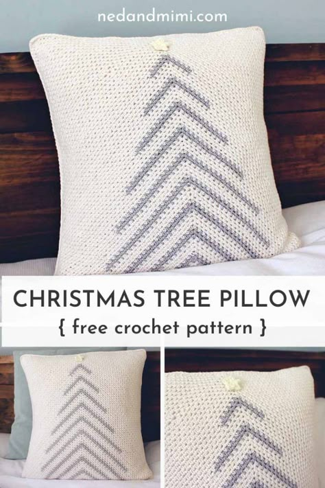 Add a stylish touch to your holiday decor with this modern Christmas Tree crochet pillow. No one will believe that you made it yourself! #crochet #crochetchristmastree #freecrochetpattern Crochet Accent Pillow Free Pattern, Crochet Valentine Pillow, Christmas Pillow Crochet Pattern, Crochet Christmas Blanket, Modern Haken, Crochet Christmas Trees Pattern, Crochet Pillow Patterns Free, Crochet Cushion Pattern, Tree Crochet