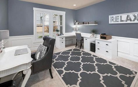 Home office with vinyl wainscoting Office With Wainscoting, Home Office With Carpet, Office With Carpet, Ceiling Wainscoting, Home Office With Built Ins, Carpet For Office, Traditional Home Offices, Traditional Home Office, Wainscoting Styles