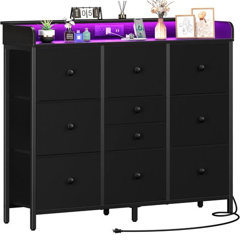 PRICES MAY VARY. Always by Your Side. Dressers for Bedroom Overall Dimensions: 44"L x 12.6"W x 37.4"H & 6.5ft Power Cord 【Ample Storage/Display Space】Blending style and function, this black dresser for bedroom features 10 fabric drawers, a spacious surface and a wood top shelf for all your storage/display needs. Whether it's messy toys, piles of laundry or odds and ends that can be organized into the cabinet for a clean and tidy room. It is not only a closet dresser, a decorative tall dresser, b Bedroom Closet Organizer, Dresser Tv, Closet Dresser, Dresser In Closet, Dresser Tv Stand, Dresser With Tv, Black Dresser, Tidy Room, Black Dressers