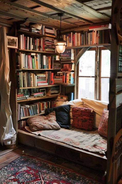 Book Bedroom Aesthetic, Book Bedroom, Library Rooms, Dollhouse Library, Reading Nook Ideas, Cosy Corners, Home Library Rooms, Timber Frame House, Shed Interior