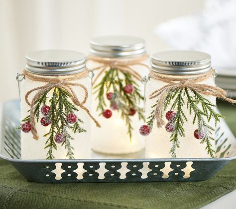 Create a festive display in your holiday home with these snow-kissed mason jars. Each is festooned with twine, berries, and pine, for a look that's sure to make your home merry and bright. From the Valerie Parr Hill Collection.  Original item is H231557. This product may be a customer return, vendor sample, or on-air display and is not in its originally manufactured condition. It may not be new. In some instances, these items are repackaged by QVC. Repurpose Jars, Oui Yogurt, Fall Craft Fairs, Mason Jar Design, Dollar Store Christmas Crafts, Glass Cookie Jars, Valerie Parr Hill, Christmas In July Sale, Jar Ideas