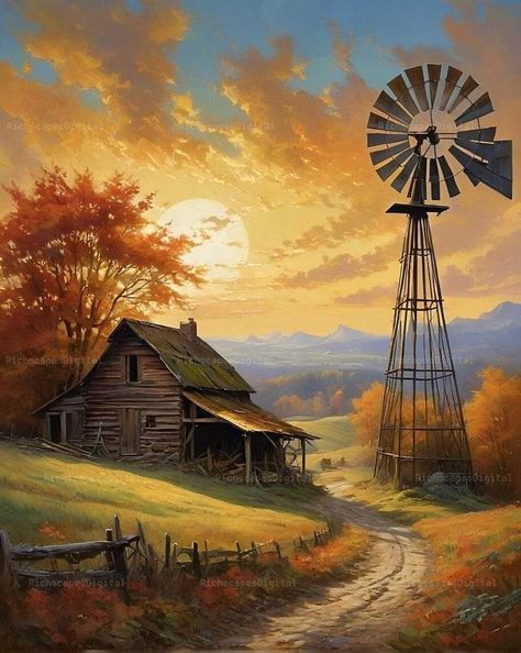 American Goulash, Board Pictures, Vision Board Pictures, Old Churches, Cottage Art, Wheat Fields, Country Landscaping, Farmhouse Art, Autumn Scenery