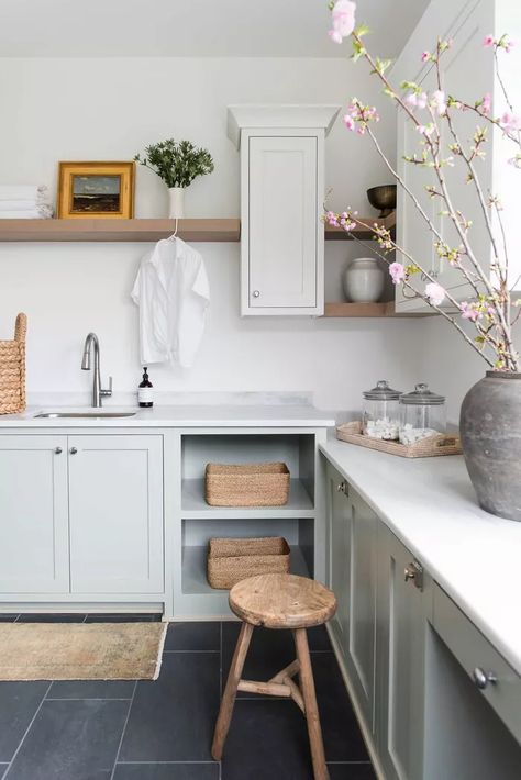 Whittney Parkinson Design, Whittney Parkinson, Laundry Room Shelving Ideas, Room Shelving Ideas, Laundry Room Shelving, Laundry Room Tile, Vintage Shelving, Dream Laundry Room, Laundry Room Renovation