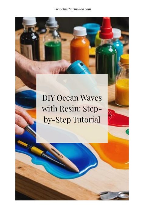 Hands applying resin on wood with colorful paints and brushes nearby. Beach Resin Art, Ocean Wave Art, Resin Waves, Layering Techniques, Ocean Waves Art, Waves Tutorial, Acrylic Pouring Techniques, Surf Decor, How To Craft