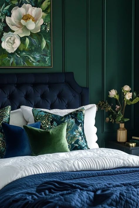 "Elevate your home with the allure of bold and moody color palettes! 🎨🖌️ A great way to add drama and sophistication to your space. 🌿✨ #BoldDesign #MoodyPalettes #InteriorDecor" Forest Green And Teal Bedroom, Navy Blue And Emerald Green Bedroom, Dark Green And Navy Bedroom, Peacock Color Palette Bedroom, Jewel Tone Master Bedrooms Decor, Navy And Emerald Bedroom, Navy Blue And Green Bedroom, Jewel Toned Bedroom, Emerald Bedroom