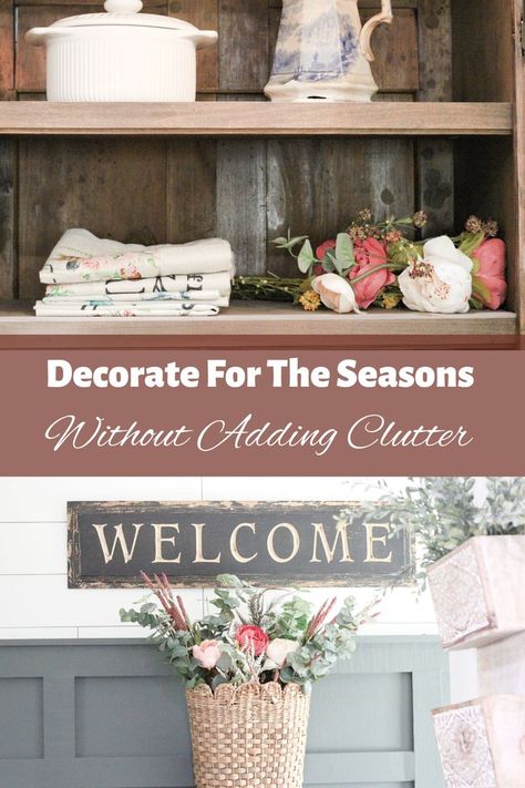 Close up of wood shelves with pillow covers folded in a pile and next to it pink spring florals in a pile, below it are the words; "Decorate For The Seasons Without Adding Clutter." Below it is a close up of a wicker basket with pink and green spring florals against a dark green board and batten wall. Simple Seasonal Decor, Minimalist Seasonal Decorating, Minimalist Seasonal Decor, Simple Holiday Decor, Winter Decorating, Simple Holidays, Not Love, Seasonal Home Decor, Military Family