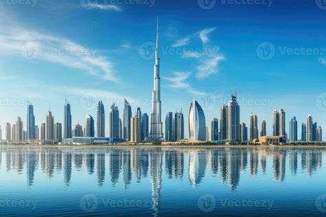 Dubai skyline with skyscrapers reflected in water, United Arab Emirates, Dubai Business Bay panoramic view, UAE, AI Generated Dubai Skyline, Dubai Business, Beautiful Nature Wallpaper Hd, Futuristic City, Panoramic View, Cityscape Photos, Beautiful Nature Wallpaper, Nature Backgrounds, Arab Emirates