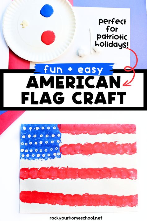 Paper plate, cotton balls, Q-tip, and red, white, and blue paint with example of American flag craft. Veteran's Day Crafts Preschool, Veterans Art Projects For Kids, Simple Veterans Day Crafts For Kids, Veteran Day Ideas, Prek Veterans Day Crafts, Kids Veterans Day Crafts, Veterans Day Crafts For Kids Projects, Veterans Day Art For Kids, Veterans Day Paintings