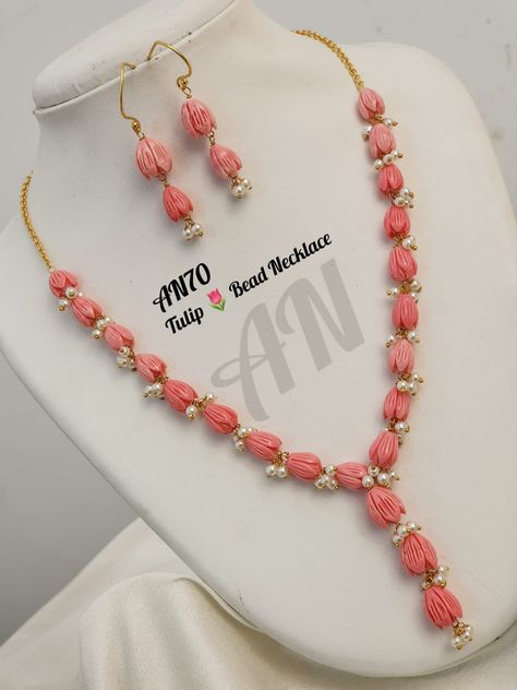 Tulip Beads Necklaces, Dholki Beads, Tulip Beads, Coral Choker, Coral Jewelry Vintage, Beaded Wedding Jewelry, Vaddanam Designs, Fashion Jewelry Necklaces Gold, Unique Beaded Jewelry