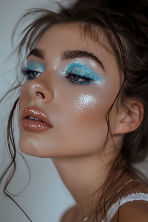 Feeling Blue? 50+ Insanely Gorgeous Blue Eyeshadow Looks - Days Inspired Blue Eye Makeup Dramatic, White And Blue Eyeshadow Looks, Cyan Makeup Looks, Blue Makeup Halloween, Light Blue Glitter Makeup, Pale Blue Eyeshadow, Soft Blue Makeup, Blue Quince Makeup, Aqua Eyeshadow