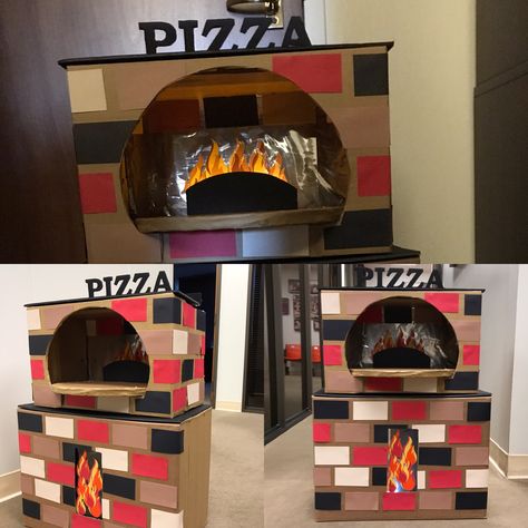 Cardboard Restaurant For Kids, Pizza Oven Stand Ideas, Pizza Room Transformation, Pizza Trunk Or Treat Ideas, Cardboard Pizza Oven, Toddler Pizza, Surprise Pizza, Pizza Stand, Pizza Birthday Party