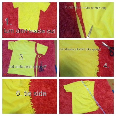 Have a shirt that is too big? You can take a too big t-shirt and make it fit. 1. You turn your shirt inside out. 2. You cut off the bottom of shirt (if needed, more) 3. Cut sleeve and side off.4. Cut side like grass 5.tie in a double knot (not a bow) 6.repeat steps 3,4, and 5 with other side. When both sides finished, turn shirt back over. If you want to, tie scraps around sleeve top. Shirt Too Big Hacks, Cut Tshirt Designs, Tshirt Hacks, Cut Tshirt Diy, Side Tie Shirt, Shirt Upcycle, T Shirt Upcycle, Diy Cut Shirts, Cut Tee Shirts