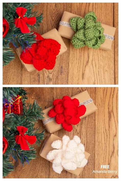 Christmas Present Gift Bow Free Crochet Patterns Christmas Present Bow, Package Bows, Crochet Holiday, Christmas Yarn, Crocheted Hats, Bows Diy Ribbon, Gift Bow, Simple Gift Wrapping, Crochet Gift