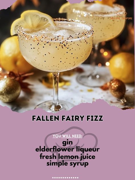 🧚‍♀️✨ Dive into the magical world of mixology with our "Fallen Fairy Fizz" cocktail! Perfectly enchanting for a cozy night in. ✨🍹 🍂 Fallen Fairy Fizz Ingredients: - 1.5 oz gin - 0.5 oz elderflower liqueur - 0.5 oz fresh lemon juice - 0.25 oz simple syrup - 2 oz sparkling water - Edible glitter for garnish Instructions: 1. Combine gin, elderflower liqueur, lemon juice, and simple syrup in a shaker with ice. 2. Shake well and strain into a glass filled with ice. 3. Top with sparkling water an... Fairy Cocktails, Fizz Cocktail, Yummy Alcoholic Drinks, Alcohol Drinks, Edible Glitter, Cozy Night, Magical World, Sparkling Water, Fresh Lemon Juice