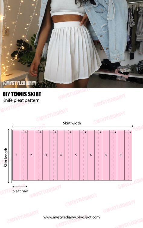 DIY knife pleated pattern Tennis Skirt Tutorial, Diy Tennis Skirt Pattern, Pleated Mini Skirt Pattern Sewing, Tennis Skirt Pattern Sewing, Knife Pleated Skirt Pattern, How To Sew A Pleated Skirt, How To Make A Pleated Skirt, Pleats Skirt Pattern, Pleated Skirt Patterns Sewing