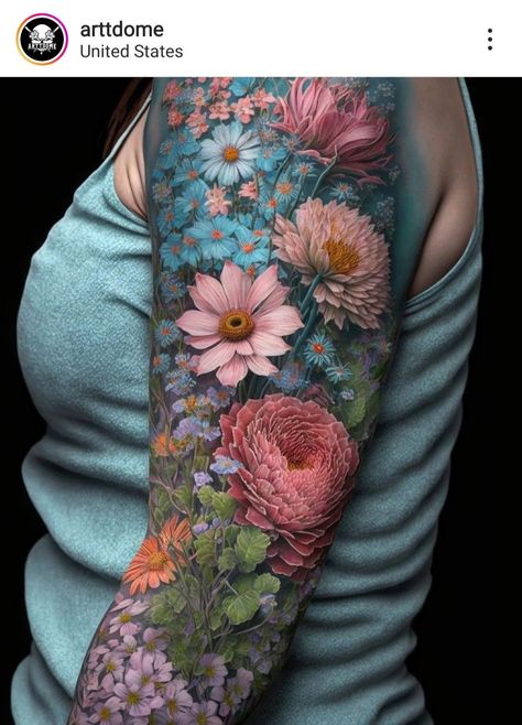 | Creative Tattoos For Women by  Chasity Trinidad Creative Tattoos For Women, Colour Tattoo For Women, Shoulder Sleeve Tattoos, Floral Tattoo Shoulder, Bright Tattoos, Marvel Tattoos, Floral Tattoo Sleeve, Flower Tattoo Sleeve, Tatuaje A Color