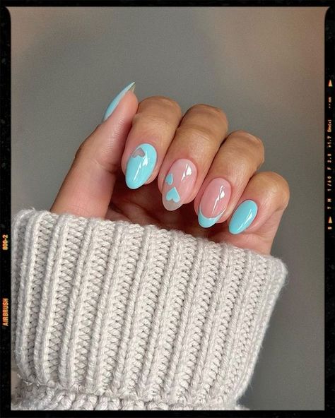 Inspiration Neutral Nail Color, Blue Monochrome, Heart Nail Designs, Baby Blue Nails, February Nails, Heart Nail Art, Blue Nail Designs, Inspired By, Colorful Nail Designs