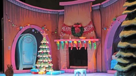 How the Grinch Stole Christmas. Children's Theater Company. Set design by Tom Butsch. Whoville Set Design, Grinch Stage Design, Grinch Play, Ward Christmas Party, Grinch Decorations, Grinch Christmas Party, Whoville Christmas, Christmas Stage, Grinch Who Stole Christmas