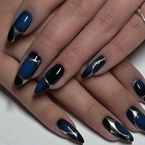 Indulge in the enchanting allure of our black almond nails,, where each nail evokes a sense of dreamy sophistication. Black And Blue Nails, Chrome Designs, Black Almond Nails, Blue Ombre Nails, Gel Builder, Royal Blue Nails, Dark Blue Nails, Medium Almond, Short Coffin