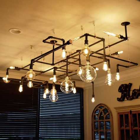 Pub Chandelier, Pipe Lighting Ceiling, Pipe Lighting Fixture, Industrial Lighting Ideas, Pipe Chandelier, Pipe Lights, Industrial Pipe Lamp, Industrial Lighting Design, Interior Design Layout