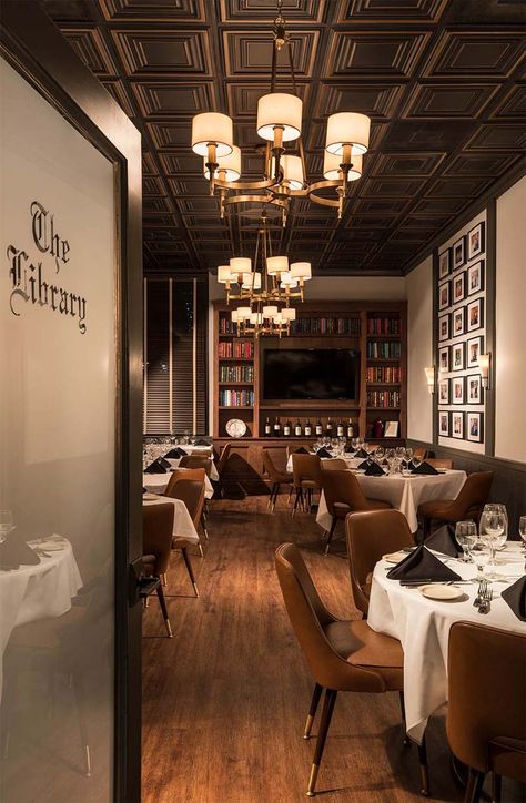 Low Ceiling Restaurant Design, Wooden Restaurant Design, Fine Dining Restaurant Interior Design, Steakhouse Design Interiors, Steakhouse Interior, Private Dining Room Restaurant, Brown Restaurant, Steakhouse Design, Catherine Cowles