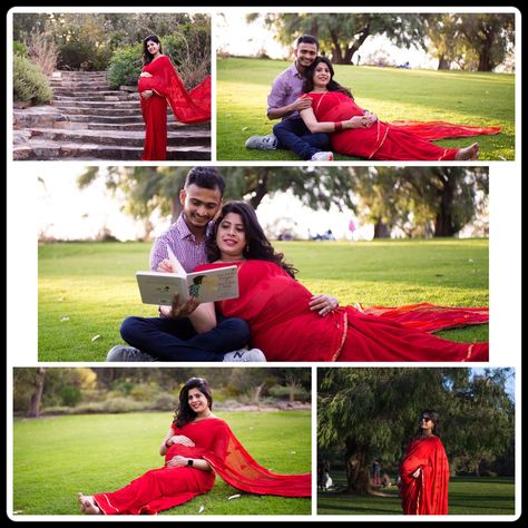 Maternity photos in saree Maternity Photoshoot Ideas In Saree, Saree Pregnancy Photoshoot, Saree Maternity Photoshoot, Valaikappu Function, Maternity Shoot In Saree, Traditional Maternity Photoshoot, Photoshoot In Saree, Indian Maternity Photos, Couple Maternity Poses