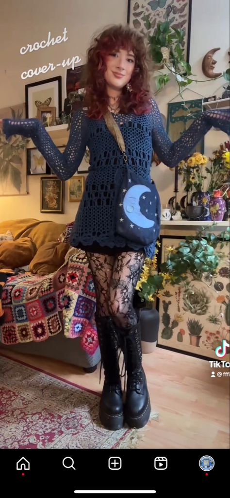 Witchy Crochet Cardigan, Crochet Witchy Clothes, Witchy Crochet Top, Crochet Clothes From Movies, Alt Knitting Patterns, Whimsigoth Crochet Ideas, Witchy Crochet Projects, Whimsigoth Knitting, Whimsy Goth Crochet