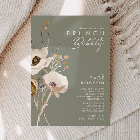 $2.93 | Whimsical Wildflower Sage Green Brunch and Bubbly - elegant sage gold greenery ss018, whimsical bohemiam minimal fall floral, pretty minimalist yellow wild flower, rustic brunch and bubbly, modern shower invitation, simple bridal brunch, watercolor bridal shower invite, boho champagne brunch, wildflower brunch shower, green bubbly bridal shower Rustic Brunch, Green Bridal Showers, Boho Bridal Shower Invitations, Brunch And Bubbly, Brunch Bubbly, Green Invitations, Watercolor Wildflowers, Bridal Shower Tables, Shore House