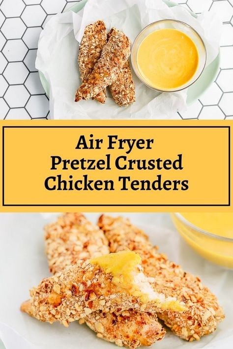 These Pretzel Crusted Air Fryer Chicken Tenders are easy and delicious! Chicken strips, coated in a pretzel crust and air fried for just 16 minutes. Serve them hot and crispy with a honey mustard dipping sauce! #airfryerchicken #pretzelcrustedchicken Pretzel Coated Chicken Tenders, Air Fryer Pretzel Chicken, Pretzel Crusted Chicken Tenders, Pretzel Chicken Recipes, Pretzel Crusted Chicken Air Fryer, Pretzel Coated Chicken, Crusted Air Fryer Chicken, Pretzel Chicken Tenders, Honey Mustard Pretzel Chicken