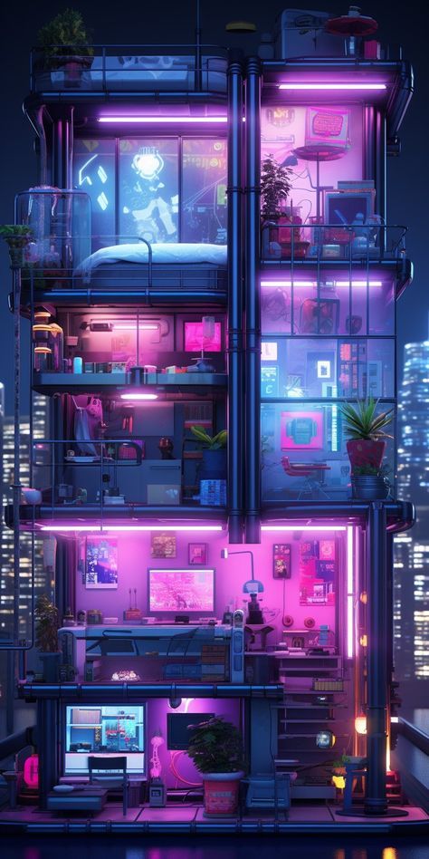 Cyberpunk House Aesthetic, Dreamwave Aesthetic, Uv Aesthetic, Cyberpunk Alleyway, Cyberpunk Landscape, Cyberpunk Architecture, Neon Cyberpunk Aesthetic, Cyberpunk House, Cyberpunk Apartment