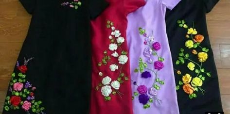 Embroidery On Shirts, Mekhela Chador, Daman Design, Silk Ribbon Embroidery Tutorial, Silk Ribbon Embroidery Patterns, Saree Painting Designs, Fabric Painting On Clothes, Ribbon Embroidery Tutorial, African Dresses For Kids