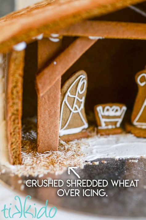 Gingerbread Nativity Nativity Gingerbread, Homemade Nativity, Gingerbread Nativity, Shredded Wheat Cereal, Christmas Birthday Cake, Gingerbread House Recipe, Gingerbread House Template, Gingerbread Dough, Gingerbread Cookies Decorated