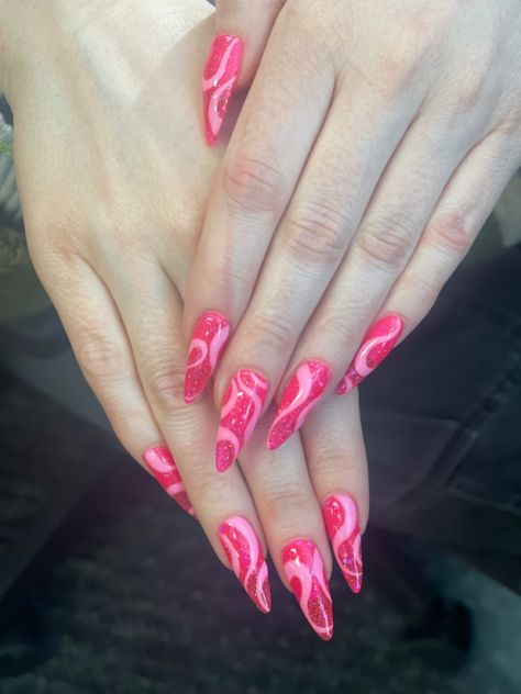 Pink glittery spring nails Pink Nail Designs Glitter Sparkle, Glitter Pink Gel Nails, Trixie Mattel Nails, Pink Glitter Birthday Nails, Hot Pink Glitter Nails Acrylic, Pink Pony Club Nails, Glittery Pink Nails, Pink Glittery Nails, Hot Pink Birthday