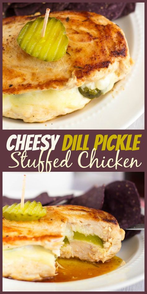 Cheesy Pickle Stuffed Chicken Breasts - The Weary Chef Stuffed Chicken Recipe, Stuffed Chicken Breasts, Fun Dinner, Yummy Chicken, Chicken Stuffed, Dill Pickles, Stuffed Chicken, Pickling Recipes, Dill Pickle