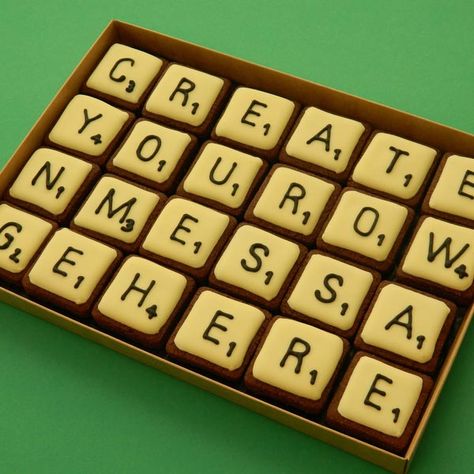 Scrabble Message - Medium Edible message made of iced Scrabble tiles : Campervan Cookies, Delicious handmade and bespoke cookies Scrabble Themed Party, Scrabble Cookies, Birthday Message Cookies, Scrabble Gifts Giftsforyounow, Best Scrabble Words, Unusual Wedding Favours, Cookie Wedding, Cookie Wedding Favors, Unusual Wedding