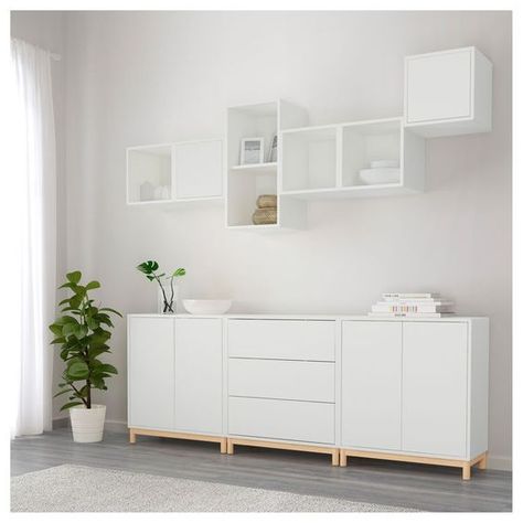 IKEA EKET cabinet combination with legs Ikea Wall Storage, Eket Cabinet, Ikea Wall Decor, Ikea Eket, Ikea Inspiration, Ikea Wall, Ikea Bedroom, White Sideboard, Trendy Kitchen