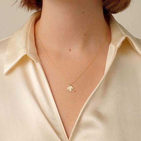 GELIN 14K Yellow Gold Flower Necklace for Women Fall Necklaces, Canada Leaf, Maple Leaf Necklace, Canadian Maple Leaf, Fine Gold Jewelry, Canadian Maple, Solid Gold Chains, Meaningful Jewelry, 14k Gold Necklace