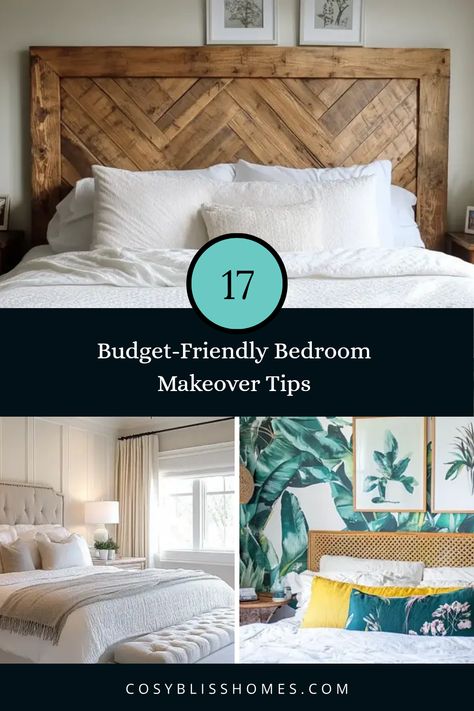 Discover 3 inspiring images showcasing 17 unique budget-friendly bedroom makeover ideas that include DIY headboards, lighting luxuries and fairy lights. Perfect for adding charm without breaking the bank! Diy Ideas For Bedroom Decor, Affordable Bedroom Decor, Budget Bedroom Makeover, Apartment Ideas Living Room, Small Bedroom Makeover, Lighting Hacks, Affordable Bedroom, Bedroom Makeover Ideas, Cozy Lighting