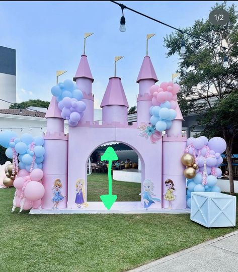 Disney Princess Party Entrance, Princess Castle Decorations, Castle Theme Birthday Decorations, Princess Castle Theme Birthday Party, Disney Princess Backdrop Diy, Disney Party Backdrop, Disney Princess Backdrop Ideas, Castle Backdrop Diy Princess Party, Disney Castle Backdrop