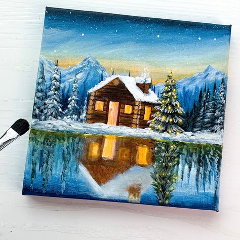 How to paint a winter cabin scenery for beginners Christmas Landscape Painting Easy, Christmas Paintings Landscape, Winter Easy Painting, Winter Painting Ideas On Canvas, Winter Acrylic Paintings, Christmas Art Painting Acrylic, Winter Landscape Drawing, Christmas Landscape Painting, Winter Canvas Painting