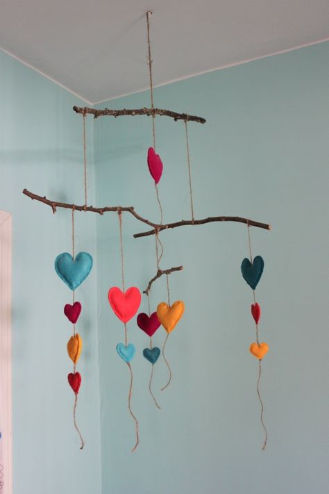 Stick Mobile, Homemade Mobile, Heart Mobile, February Valentines, Felt Mobile, Room Corner, Diy Mobile, Blog Art, Mobile Baby