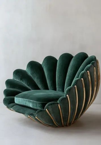 ↑↑↑ Larger size on website 🔸 A luxurious, emerald green velvet armchair shaped like a seashell. The chair is accented with gold,  🔸 From Midjourney AI Image Green Velvet Armchair, Louis Chairs, Emerald Green Velvet, Bridal Design, White Minimalist, Velvet Armchair, The Chair, Bridal Designs, Green Velvet