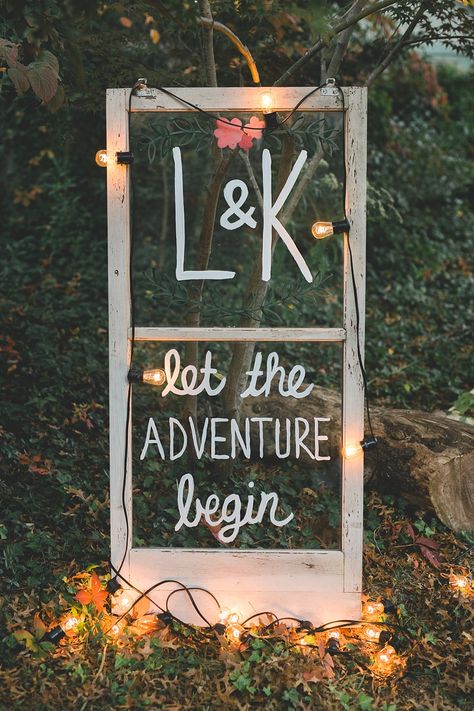 Let the adventure begin wedding sign // Victoria Selman Photographer Adventure Engagement Party, Let The Adventure Begin Wedding, Vibey Wedding, Adventure Wedding Theme, The Adventure Begins Wedding, Engament Photos, Outdoorsy Wedding, Modern Table Setting, Greenery Centerpiece