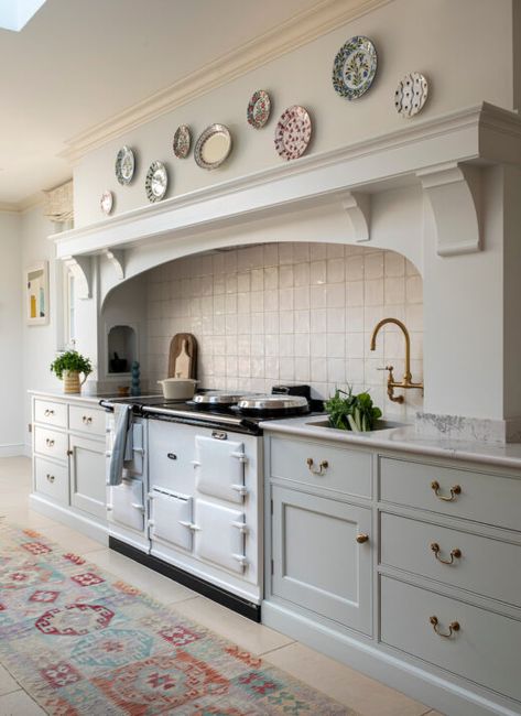 Georgian House kitchen cabinets and drawers with Aga and large mantle above Prep Sink Next To Range, Kitchens With Aga Cookers, Modern Georgian Interiors Kitchens, Georgian House Interior Kitchen, Georgian Farmhouse Kitchen, Aga Kitchen Ideas, Aga Kitchen Modern, Aga Cooker Kitchen, Georgian Farmhouse Interiors