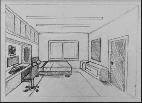 Room Perspective From Above Drawing, One Point Perspective Room Aesthetic, 3 Point Perspective Room Drawing, One Point Room Perspective Drawing, Bedroom 1 Point Perspective, Simple Room Drawing Reference, Room Design Drawing Sketch, 3d Rooms Drawing, Bedroom Easy Drawing