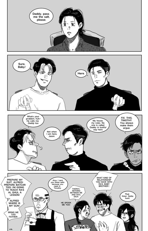 Future!jaytim AU: DADDY based on convo in tumblr (please tag me if you save it because I don’t have energy to search for it. add some extras tho). For more future!jaytim comic, go to my twitter bc it... Jaytim Comic, Jaytim Fanart, Jason Todd X Tim Drake, Tim Drake Fanart, Batman Telltale, Tim Drake Red Robin, Superhero Family, Batman Funny, Tim Drake