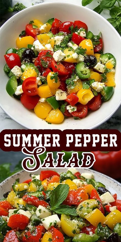 Brighten up your table with this colorful Summer Pepper Salad 🥗! Crisp peppers, fresh veggies, and a zesty dressing make this refreshing salad perfect for picnics, BBQs, or a healthy lunch. #SummerSalad #PepperSalad #HealthyEating #BBQSideDish #LightMeals #VeganRecipes Pepper And Tomato Salad, Pepper Salad Recipes, Sweet Pepper Salad, Simple Balsamic Vinaigrette, Bell Pepper Salad, Pepper Salad, Side Dishes For Bbq, Refreshing Salad, Quick Weeknight Dinners