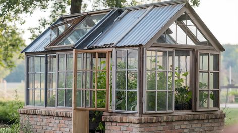 Reclaimed Window Greenhouse Inspirations Repurpose Old Windows, Old Window Greenhouse, Building A Greenhouse, Rustic Window Frame, Recycled Windows, Window Greenhouse, Reclaimed Windows, Diy Greenhouse Plans, Garden Retreat