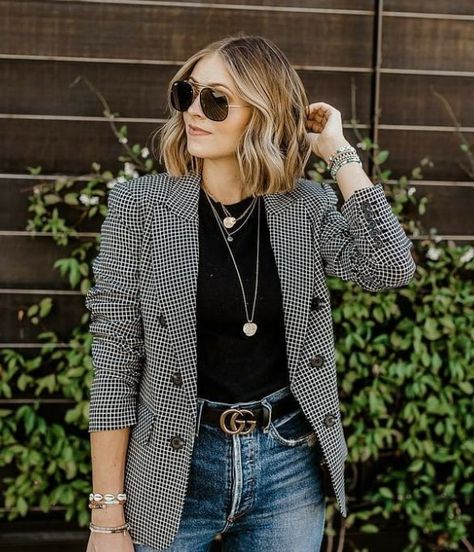 Tartan Blazer Outfit, Check Jacket Outfit, Checkered Jacket Outfit, Black And White Blazer Outfit, Checkered Blazer Outfit, Check Blazer Outfit, Houndstooth Blazer Outfit, Outfit Ideaa, Airport Chic