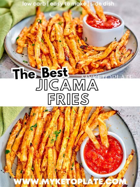 Jicama Fries Air Fryer, Jimaca Recipes, Jicama Recipe, Jicama Fries, Keto Side, Keto Tips, Low Carb Side Dishes, Keto Side Dishes, Potatoe Salad Recipe